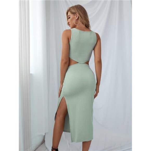 Women's Cut Out Waist Split Side Midi Bodycon Tank Dress, Sleeveless, High Waist - Picture 2 of 6